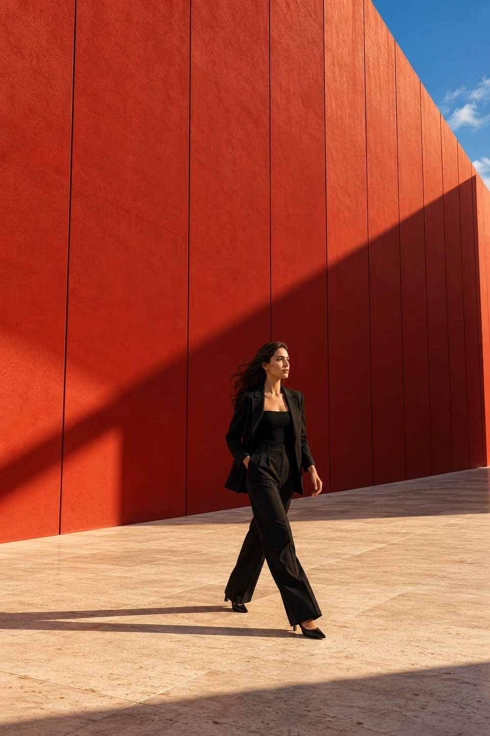 Woman walking beside bold red architecture