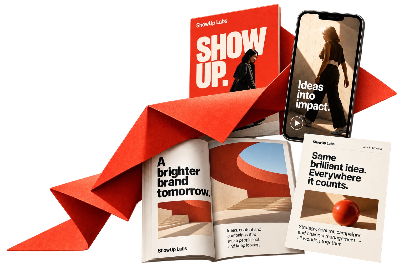 ShowUp Labs campaign: sculptural vermilion paper connects a magazine, social film and editorial creative.